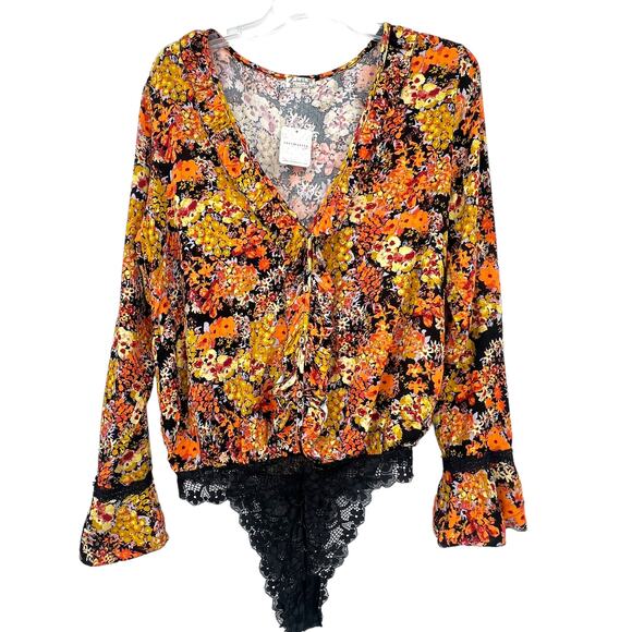 New Free People Orange Gold Floral Viscose Lace Bodysuite‎ Med - Picture 1 of 7
